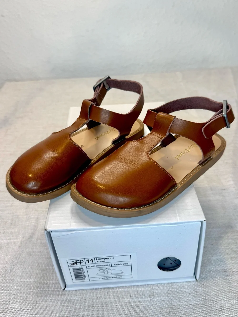 Freshly Picked Newport II Kids T-Strap Sandals in Cognac